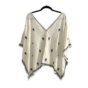 MEMOVE Cotton Embroidered V-Neck Popover Blouse White Blue 38